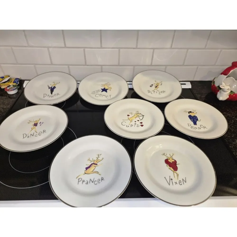 💥 Pottery Barn Reindeer Complete Set of 8 Salad Plates Christmas